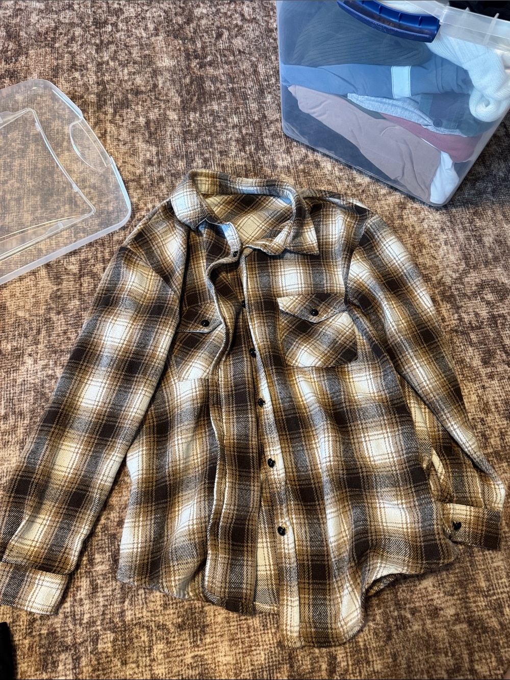 Women’s Plaid Button-Down Shirt in Brown and Cream